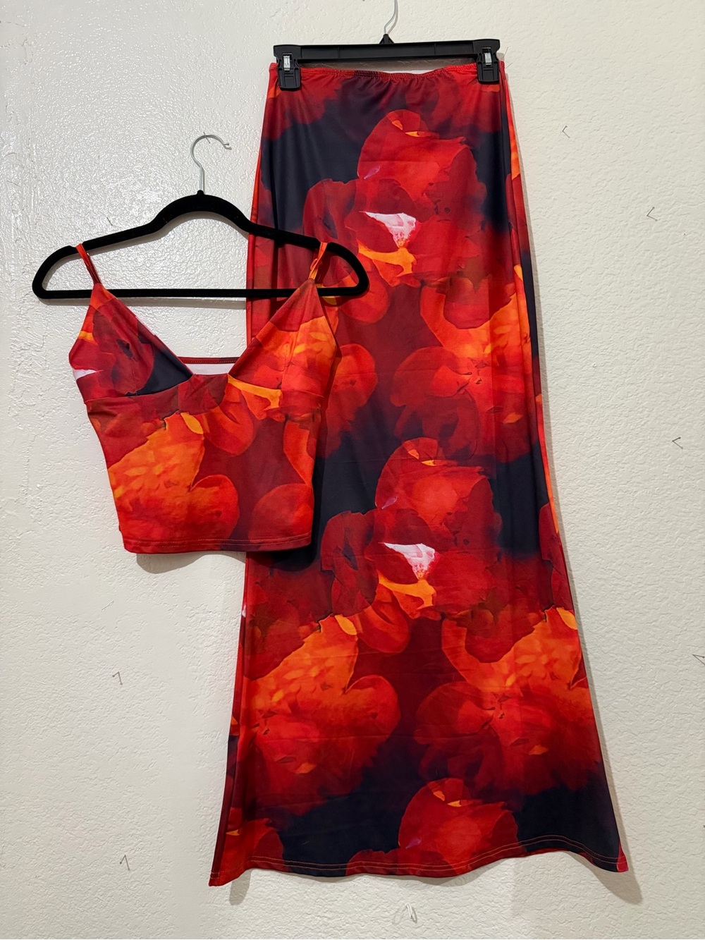 Amazon Red and Orange Floral Maxi Skirt with Matching Crop Top